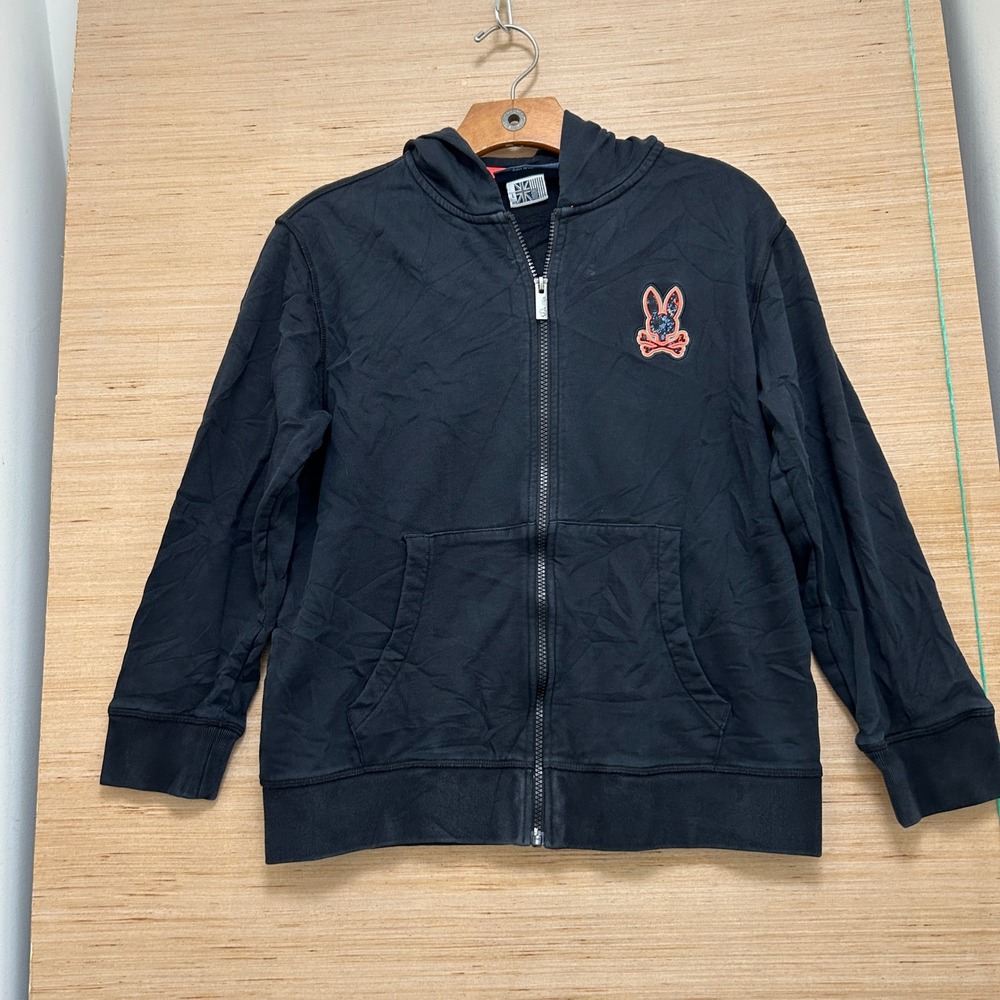 Psycho Bunny Boys Black Full Zip Hoodie Embroidered Logo Sweatshirt L 14/16